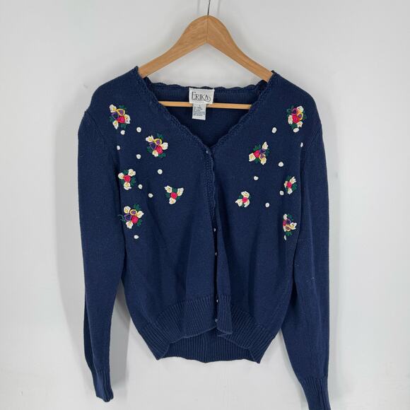 Vintage Erika Floral Embroidered 3D Knit Cardigan Sweater Navy Blue Size Large - Picture 7 of 7